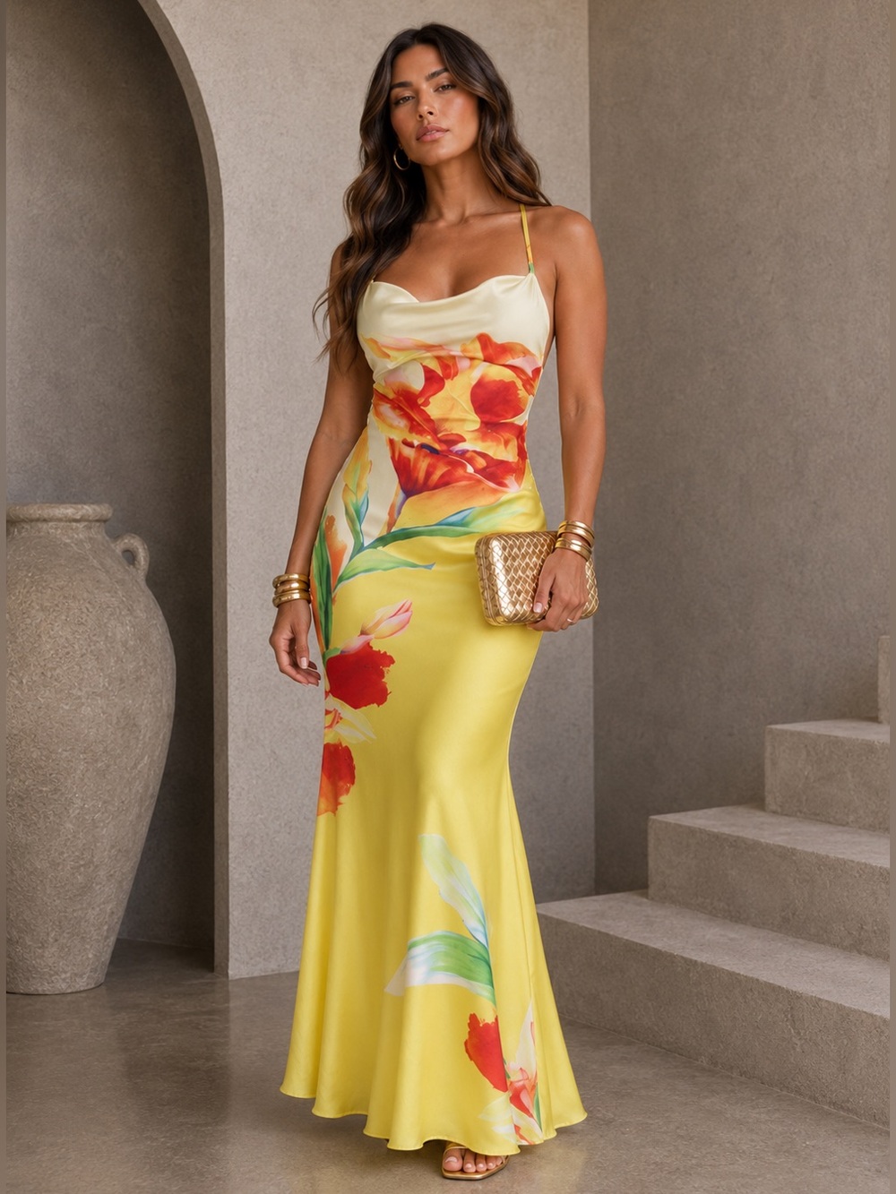 Fashion Nova Yellow Maxi Dress with Red-Orange Floral Print